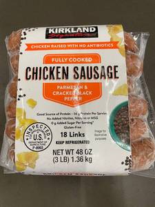 lot 37 image: J - Kirkland Signature Fully Cooked Chicken Sausage - Parmesan & Cracked Black Pepper, 18 Links
