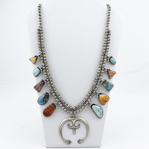 Greg Pat (Navajo) Turquoise & Spiny Oyster Sterling Silver Squash Blossom Necklace.
