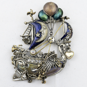Kirk's Folly Fairy "Ship Of Dreams" Enamel Silver Tone Base Metal Brooch .