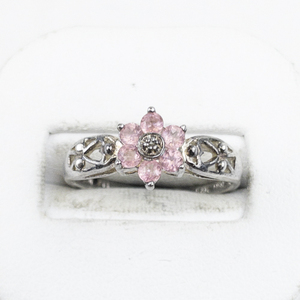 lot 311 image: Pink Tourmaline & Diamond Flower Sterling Silver Ring. Size 8.5 - 8.75.