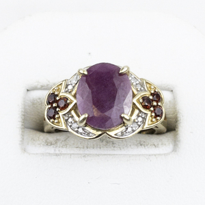 lot 318 image: Bangkok Ratnaraj Jewelers Oval Natural Ruby, Garnet & Diamond Vermeil (Sterling Silver) Statement Ring. Estimated Replacement Value $175. Size 6 - 6.25.