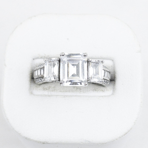 lot 331 image: Three Stone Emerald Cut Sterling Silver Engagement Style Ring. Size 8 - 8.25.