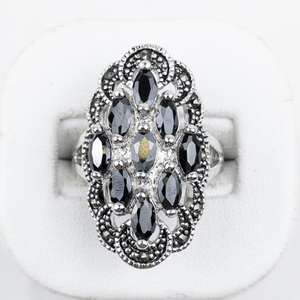lot 354 image: Marcasite Cluster & Onyx silver Tone Base Metal Statement Ring . Size 6.75 - 7.