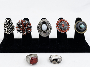 lot 369 image: Set of seven  Silver Tone Base Metal Rings. Size 8--9.
