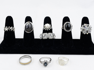 lot 370 image: Set of eight  Silver Tone Base Metal Rings . Size 8.75-9.75.