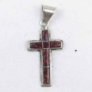 lot 373 image: Lab Grown Red Opal sterling silver cross pendant (no chain).