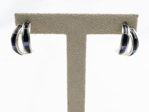 lot 482 image: Onyx And Created Opal Inlay Sterling Silver Dangle Earrings .