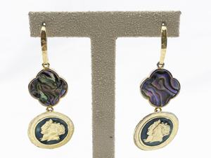 lot 490 image: Abalone Coin Drop Vermeil (Sterling Silver) French Wire Dangle Earrings .