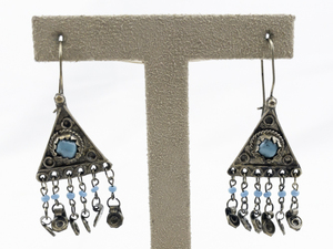 lot 495 image: Blue Beaded Triangle Silver Tone Base Metal French Wire Dangle Earrings .
