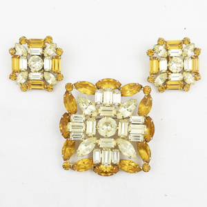 lot 395 image: B. David  Square Orange & Green Rhinestone Gold Tone Base Metal Brooch & Clip-On Earrings.