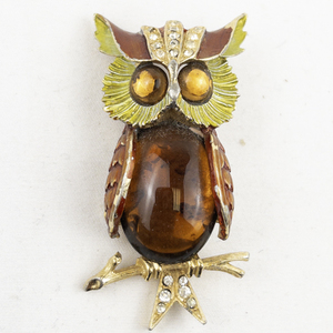 lot 400 image: ArtMode Art Brown & Green Enamel & Rhinestone Owl gold Tone Base Metal Brooch .