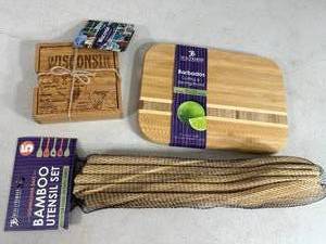 lot 59 image: New Bamboo Cutting Board, Cooking Utensils, Wisconsin Coaster Set