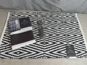 lot 103 image: New Bath Rug, Shower Curtain, Curtain Hooks