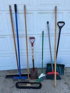 lot 27A image: Assorted Long Handle Tools. Brooms, Shovels, Etc