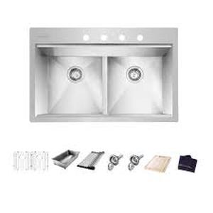 Glacier Bay Zero Radius 33 in. Undermount 50/50 Double Bowl 18 Gauge Stainless Steel Kitchen Sink with Accessories Customer Returns See Pictures