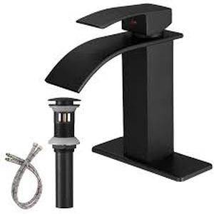 lot 14 image: BWE Waterfall Single Hole Single Handle Bathroom Vessel Sink Faucet With Pop-up Drain Assembly in Matte Black Customer Returns See Pictures