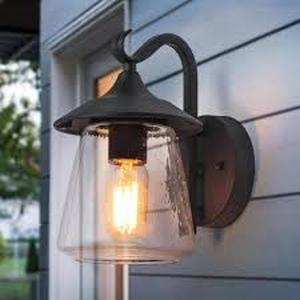 lot 34 image: LNC Modern Frosted Black Porch Outdoor Wall Sconce 1-Light Classic Exterior Lantern with Mushroom Clear Seeded Glass Shade   Customer Returns See Pictures