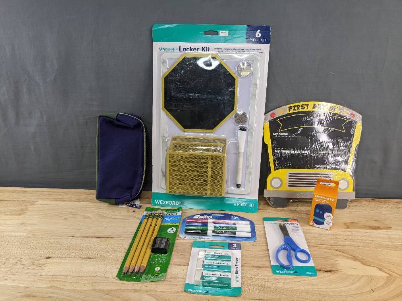 lot 98D image: Brand New School Supplies Locker Decor, Pencil Bag, Expo Markers, First Day Chalkboard Sign N