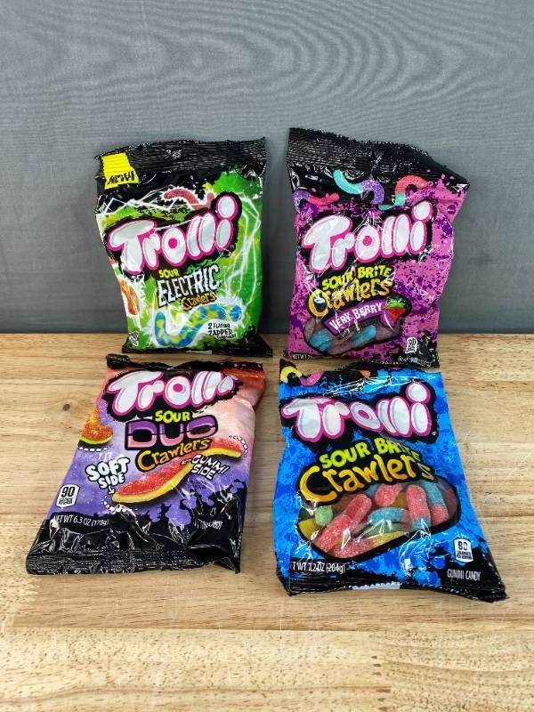 lot 2F image: 4 Brand New Trolli Original, Electric, Duo, and Crawlers 6.3 oz- 7.5 oz. Bags N