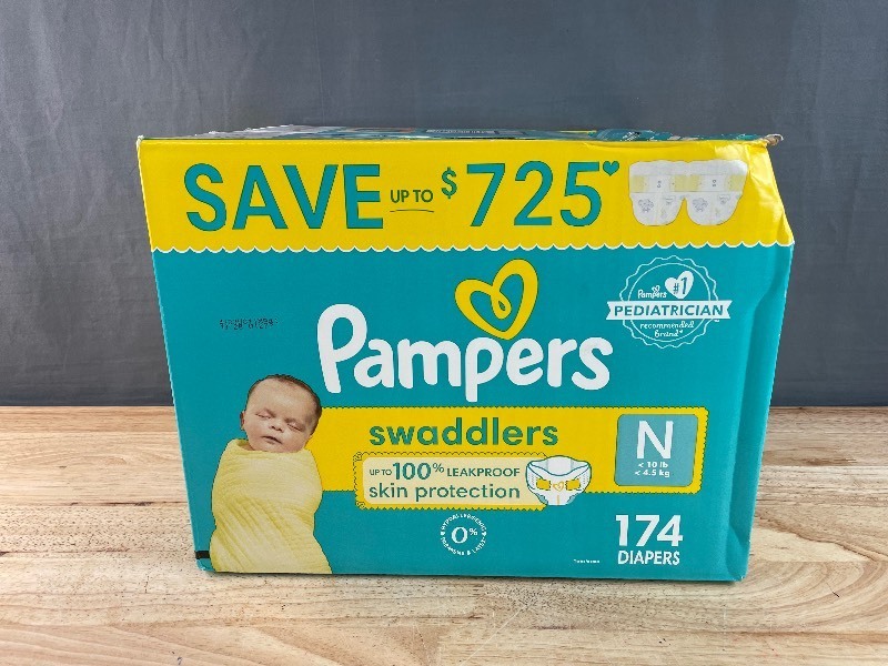lot 3A image: Brand New Pampers Swaddlers Diapers Newborn (Less than 10 Pounds) 174 Count $63 Retail N