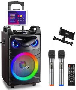 Brand New Moukey Karaoke Machine, Wood Pattern 10" Woofer Portable PA System, Bluetooth Speaker with 2 Wireless Microphones, Tablet Holder & Party Lights, Echo/Treble/Bass Adjustment Support REC/AUX/USB/TF $219.99 Retail *B