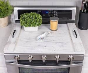 lot 74 image: New Relodecor Noodle Board Stove Cover Wood, Rustic, Farmhouse Electric Stove Top Cover With Handles Rustic White $59.99 Retail B