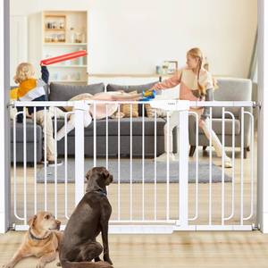 lot 78 image: New Cumbor 29.7-57 Extra Wide Baby Gate for Stairs, Pressure Mounted Walk Through Safety Child Gate for Kids Toddler, Tall Pet Puppy Fence Gate, White $119.99 Retail B