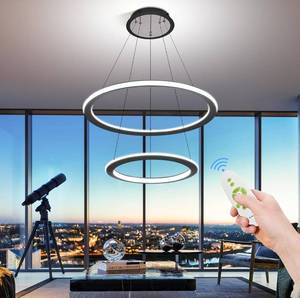 lot 82 image: New Modern LED Chandelier, Black Chandelier 2-Ring,Dimmable with Remote, Adjustable Height Dual Sided Led Strips Contemporary Pendant Light for High Ceiling Living Room, Bedroom, Dining Room $199.00 Retail B