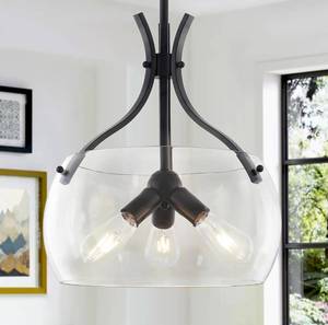 lot 121 image: Brand New 15.7 Farmhouse Style Round Glass Chandelier, 3-Light Modern Black Chandelier with Clear Glass Shade $179.99 Retail N