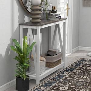 lot 126 image: Brand New Farmhouse Entryway Console Table, 39.3inch Oak Grey $99.99 Retail N