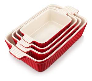 lot 31 image: Brand New Bakeware Set of 4, MALACASA Porcelain Baking Pans Set Red 9.511.2512.7514.5 $60 Retail N