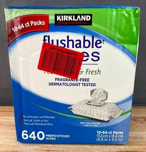 lot 49 image: Brand New 640 Count Kirkland Signature Premoistened Flushable Wipes Fragrance Free N
