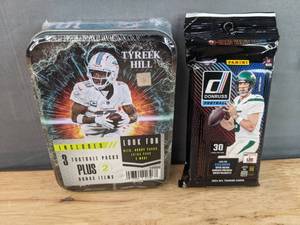 lot 30 image: Brand New 30 Pack 2024 Panini Donruss NFL Football Cards and Tyreek Hill Tin with 3 Packs of NFL Cards N