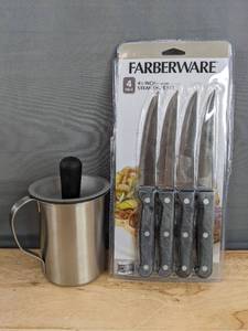 lot 41B image: Brand New Farberware 4 Piece 4.5 Knife Set and BBQ Basting Pot with Brush Lid N