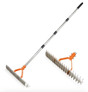 lot 48 image: Brand New Thatch Rake 15 Inch Wide Dethatcher Rake Robust Lawn Dethatcher for Cleaning Dead Grass Efficient Steel Metal Rake with Handle Thatching Rake for Garden and Yard Orange $41 Retail N