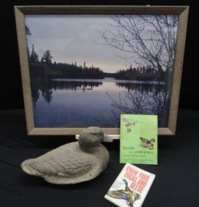 lot 23 image: VINTAGE ARIDUK FEATHERWEIGHT PAPER MACHE DECOY 2 DUCK MANUELS AND FRAMED LAKE PHOTO