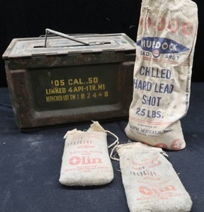 lot 32 image: 11 POUNDS OF HARD LEAD SHOT AND VINTAGE AMMO BOX