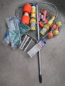 lot 38 image: MARKING BUoYS, ROD HOLDERS, LANDING NET, AND RUBBER FISHING GLOVES