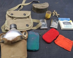 lot 79 image: VINTAGE CANTEEN, LIVE BAIT BOX, COMPASS, HAND WARMERS AND BONUS MATCHES