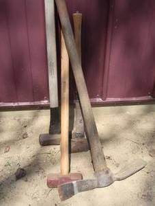 lot 99 image: PICK AXE, SLEDGE HAMMER, AND DOUBLE AXE