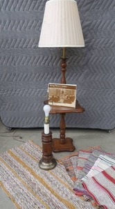 lot 130 image: STAND UP LAMP TABLE, SPINDLE LAMP, 8 RUGS, AND PHOTOS FROM THE PAST