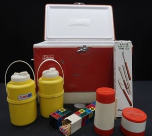 lot 131 image: COLEMAN METAL COOLER, 2 THERMOSES, AND MORE