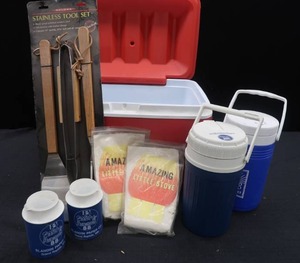 lot 133 image: MILWAUKEE COOLER, 2 WATER JUGS, STAINLESS TOOL SET, AND MORE