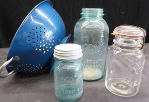 lot 184 image: LARGE BLUE COLANDER PLUS VINTAGE BALL JARS