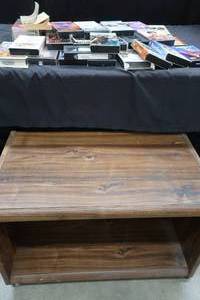 lot 208 image: ROLLING WOODEN TV STAND, WITH A BUNCH OF VHS