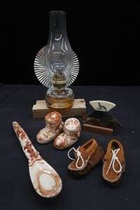 lot 211 image: EAGLE VINTAGE OIL LAMP, ALASKA FOOD CHOPPER, ALASKAN POTTERY