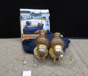 lot 219 image: 3 RUGS, 1 NEW, 2 USED, A CUDDLE BLANKET, 2 RETROP WALL SCONCHES