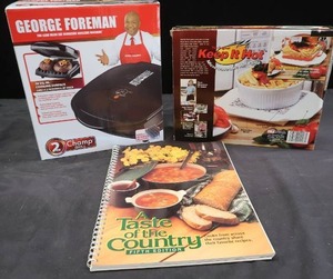 lot 221 image: GEORGE FOREMAN GRILL, KEEP IT HOT HOT PLATE, COOK BOOK