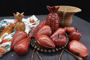 lot 233 image: 11 PIECE SET OF MID CENTERY MODERN VINTAGE WOODEN FRUIT, SHRUNKEN HEAD, AND MORE