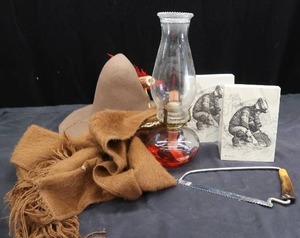 lot 238 image: VINTAGE OIL LAMP, MARBLE BOOK ENDS, SAW, AND MORE